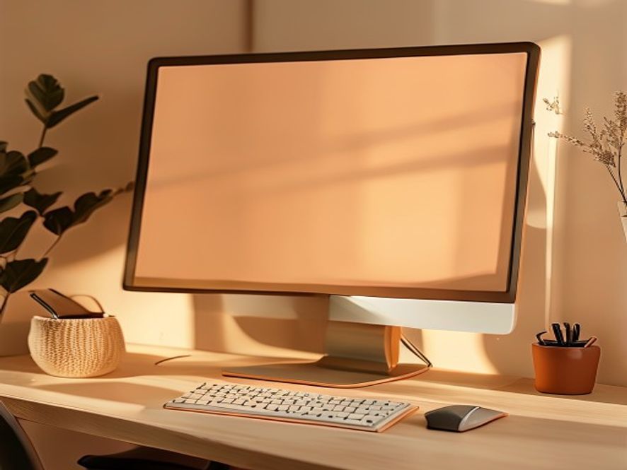 Proper monitor height at eye level with keyboard and mouse positioned close to body at desk